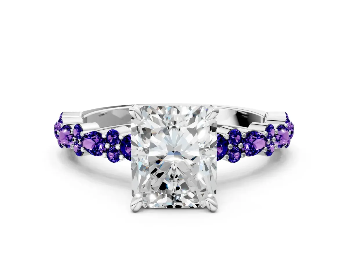Radiant Cut Diamond Side Stone Solitaire Ring with Round Tanzanite and Four-Prong Setting White gold