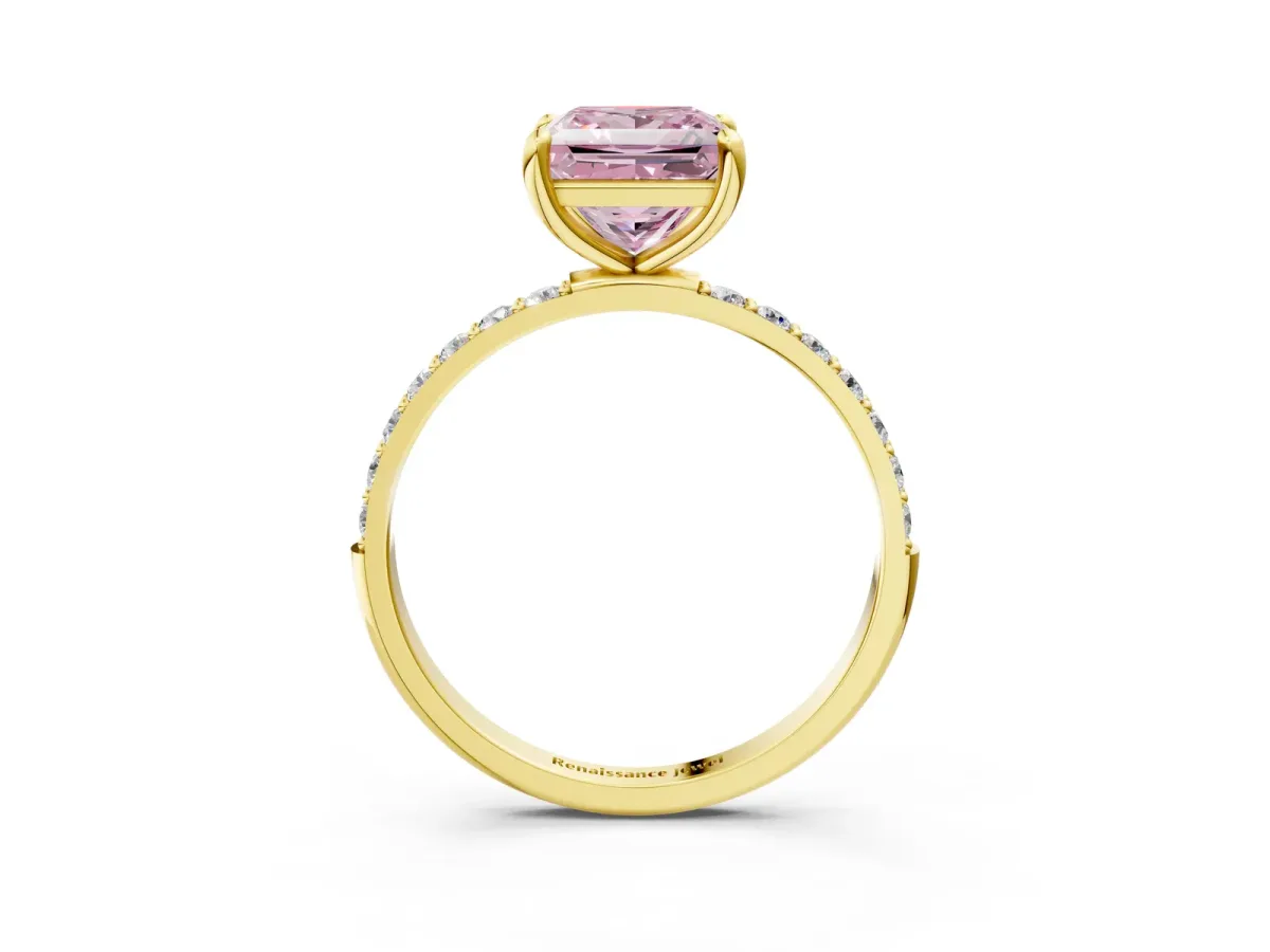 Fancy Pink Princess Cut Diamond Solitaire Ring with Round Pavé Band and Prong Setting Yellow gold