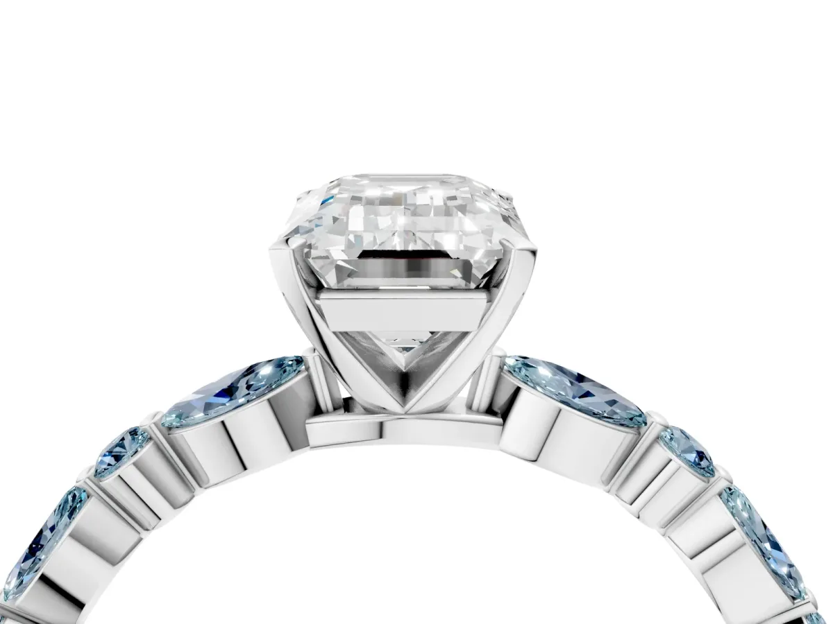 Emerald Cut Diamond Ring with Marquise and Round Aquamarine Side Stones and Four-Prong Setting Silver
