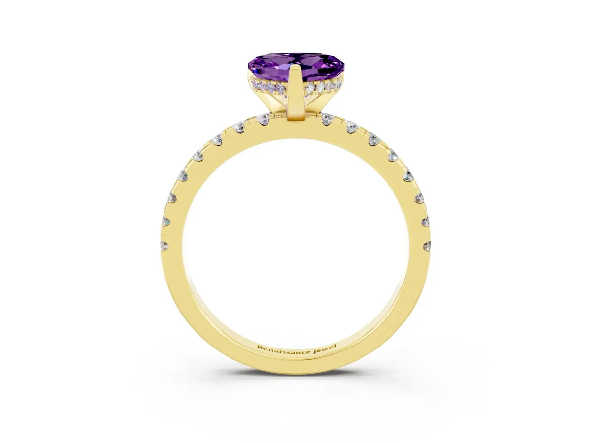 Heart Cut Amethyst Solitaire Ring with Round Pavé Band and Four-Prong Setting Yellow gold