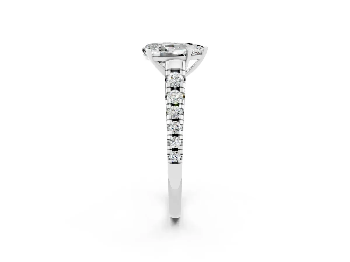 Pear Cut Moissanite Cathedral Solitaire Ring with Round Pavé Band Platinum