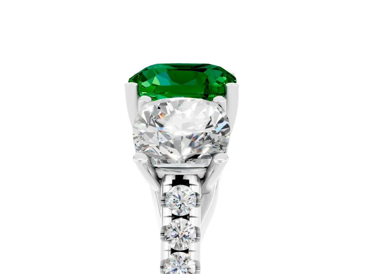 Three-Stone Cushion Cut Emerald Ring with Round Pavé Band and Prong Setting White gold