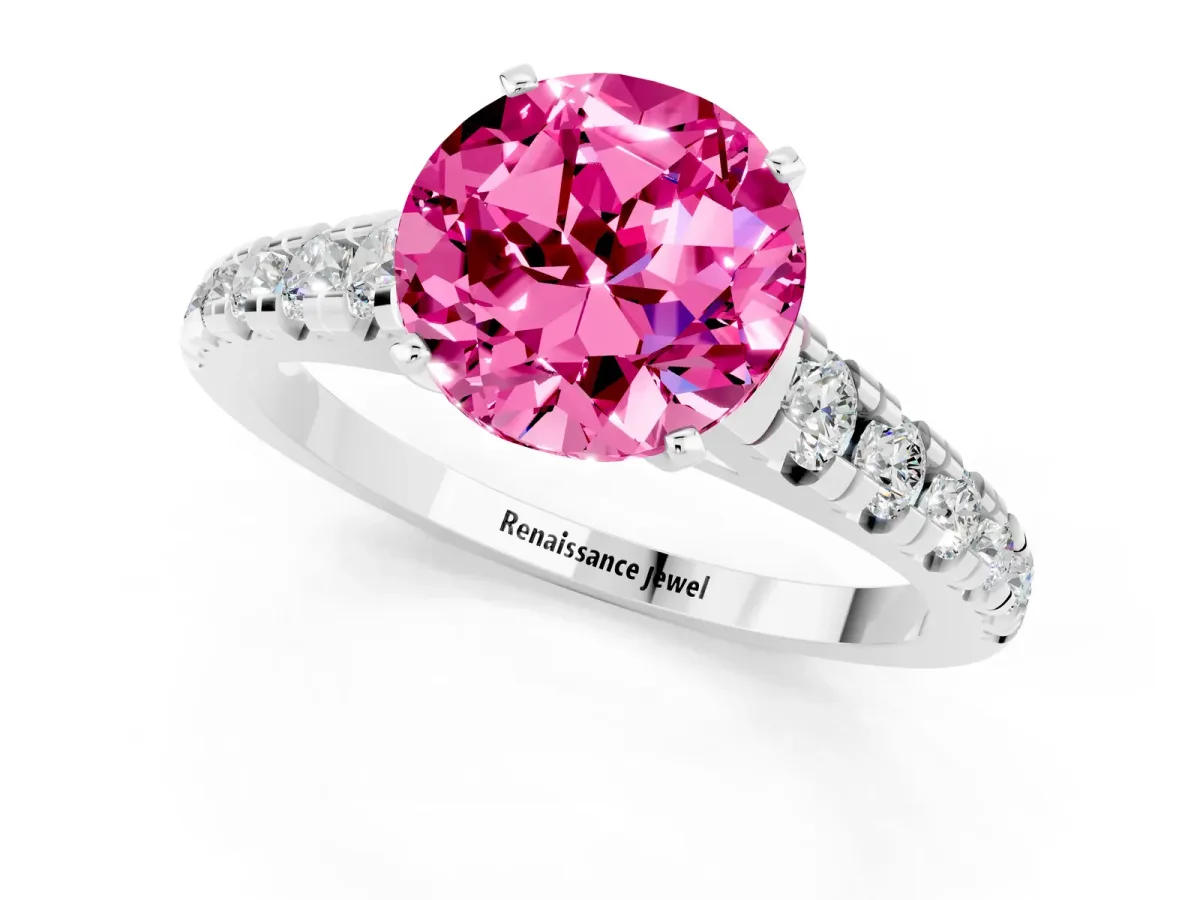 Round Cut Pink Sapphire Cathedral Solitaire Ring with Round Pavé Band Silver