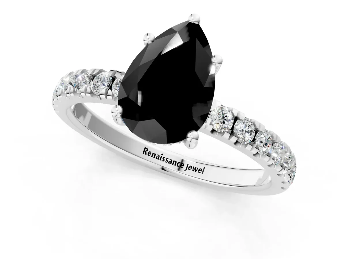 Fancy Black Pear Cut Diamond Pave Band Solitaire Ring with Round and Prong Setting Platinum