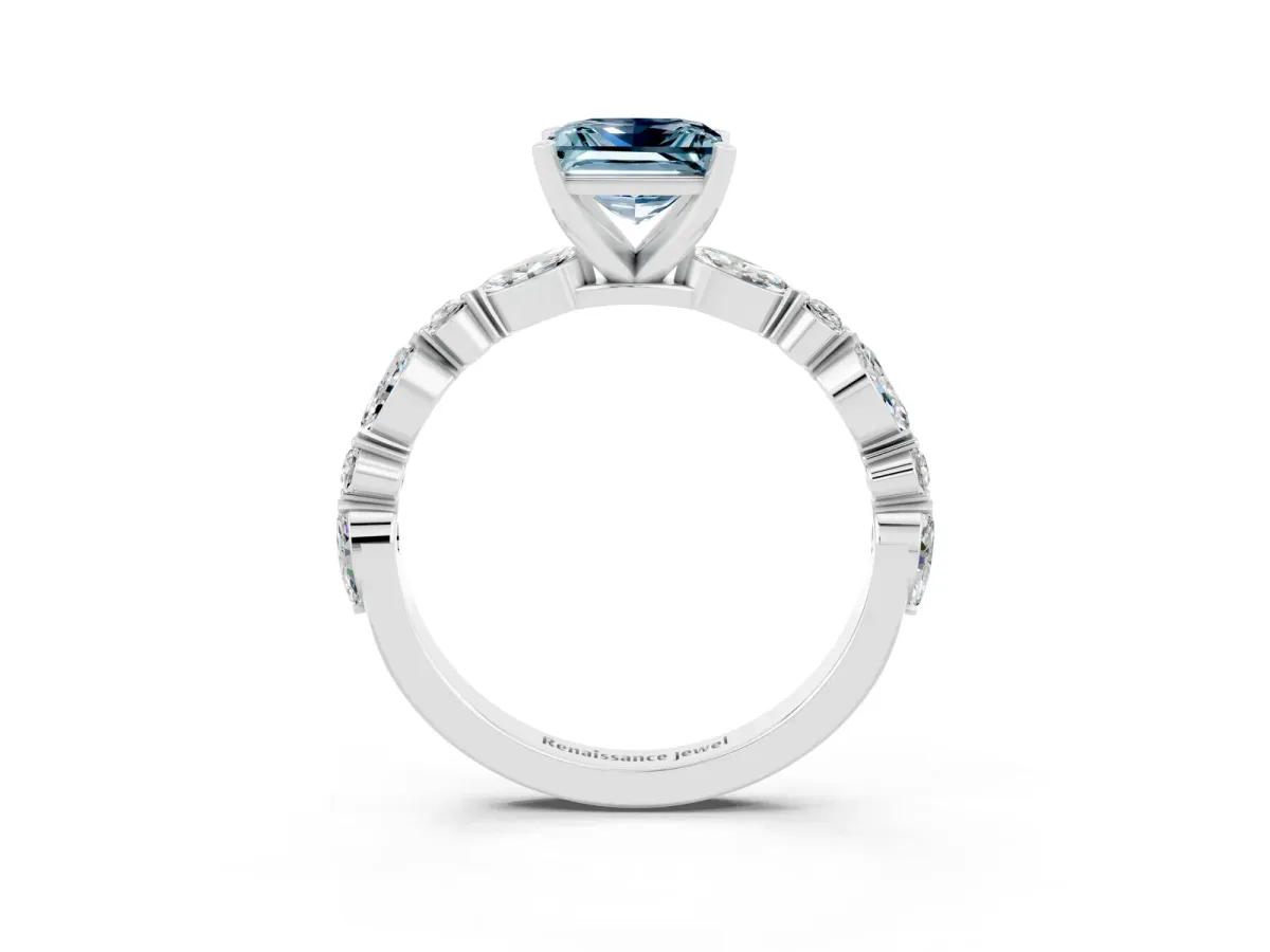 Princess Cut Aquamarine Ring with Marquise and Round Side Stones and Four-Prong Setting Silver