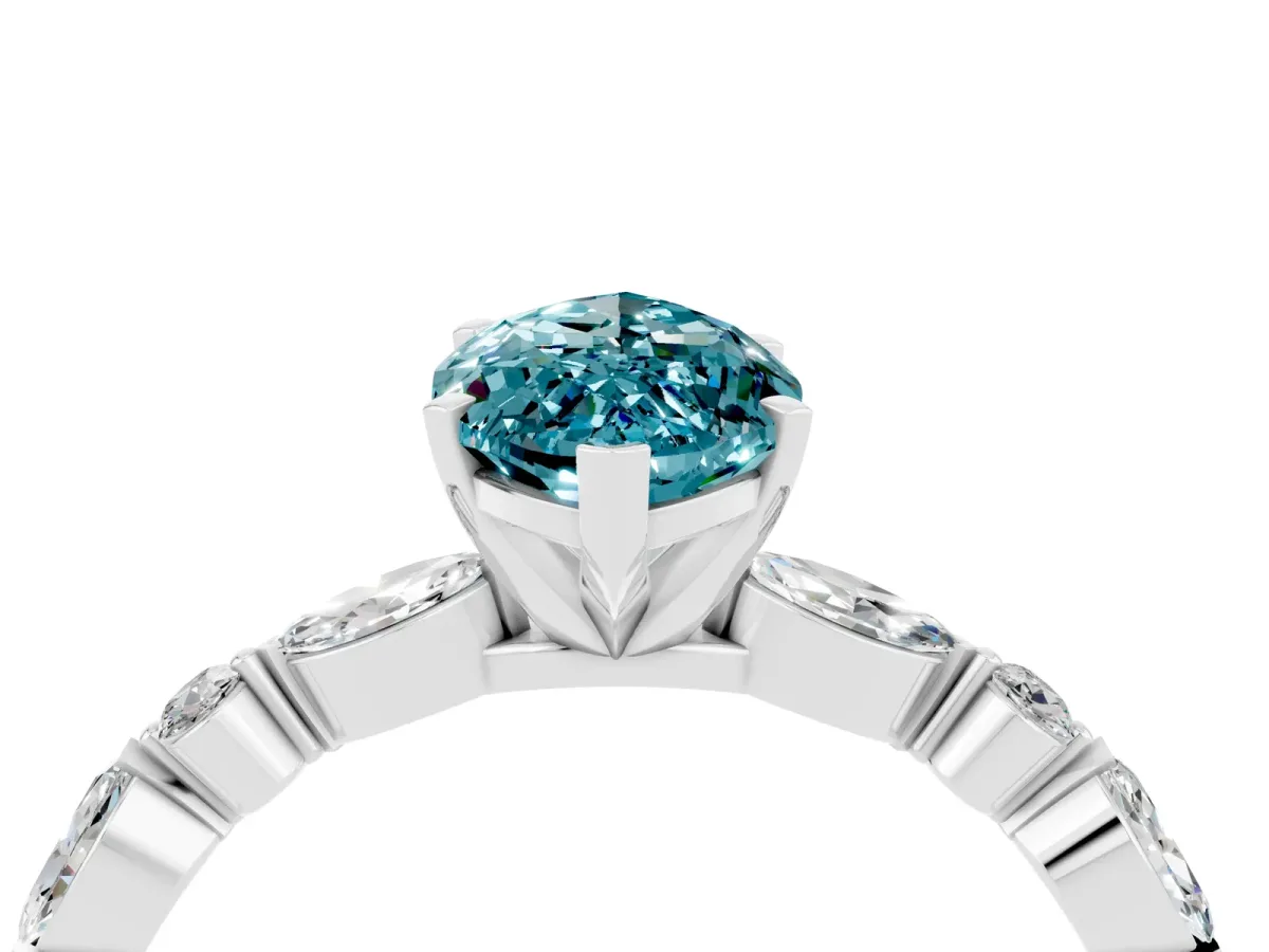 Marquise Cut Blue Topaz Ring with Marquise and Round Side Stones and Four-Prong Setting Silver