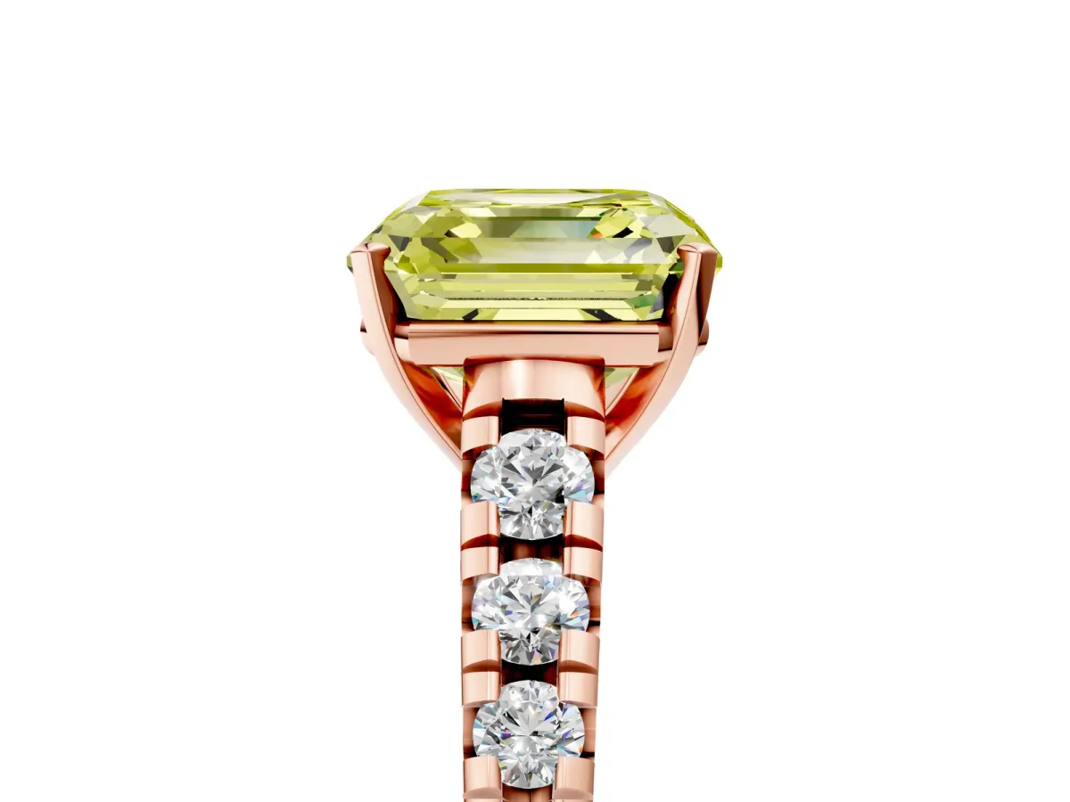 Fancy Yellow Asscher Cut Diamond Cathedral Solitaire Ring with Round Pavé Band Rose gold