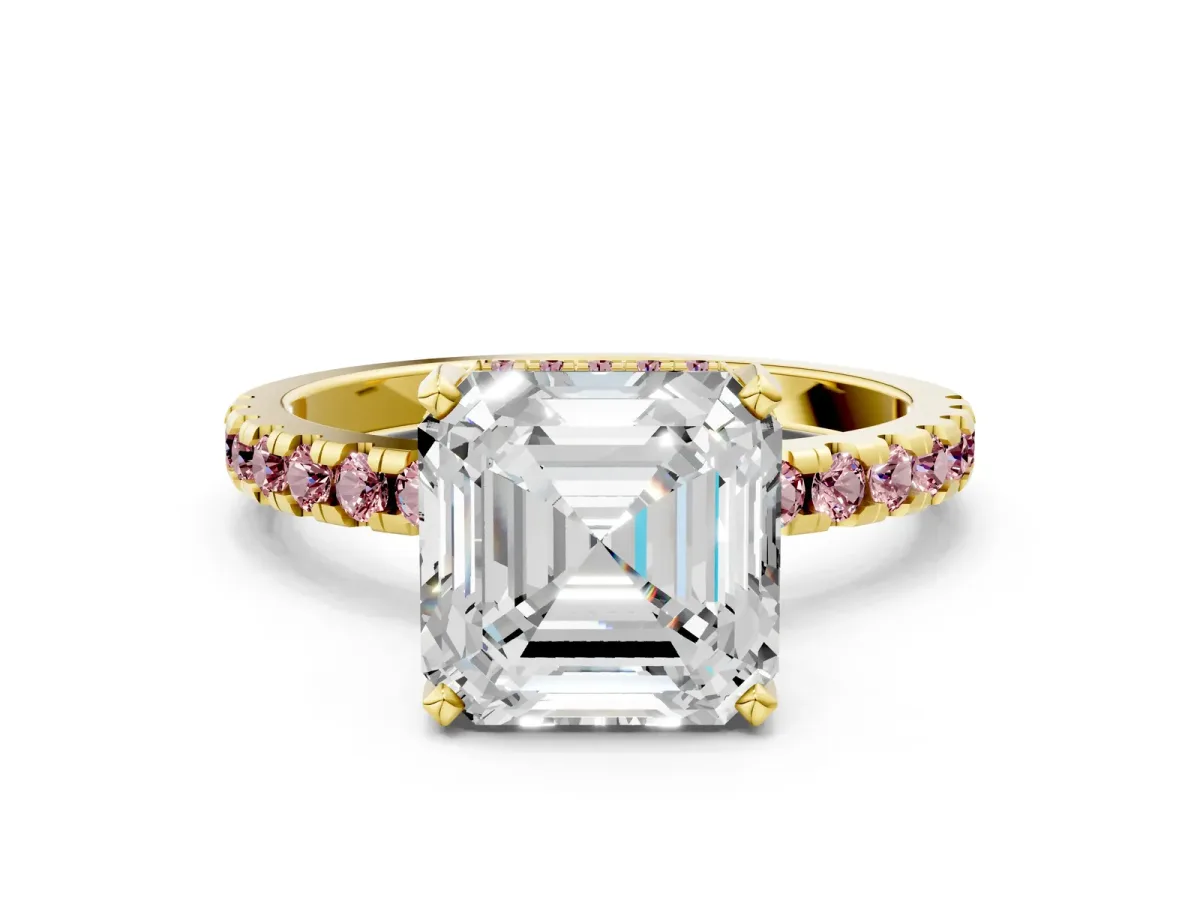 Asscher Cut Diamond Solitaire Ring with Round Morganite Pavé Band and Four-Prong Setting Yellow gold