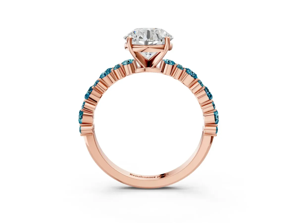 Round Cut Diamond Side Stone Solitaire Ring with Round Blue Topaz and Four-Prong Setting Rose gold