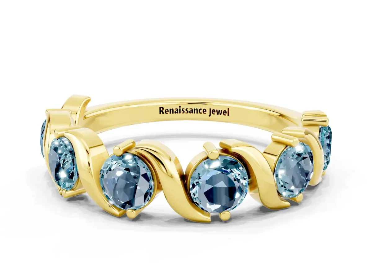 Round Aquamarine Half Eternity Band with Wave Prong Setting Yellow gold