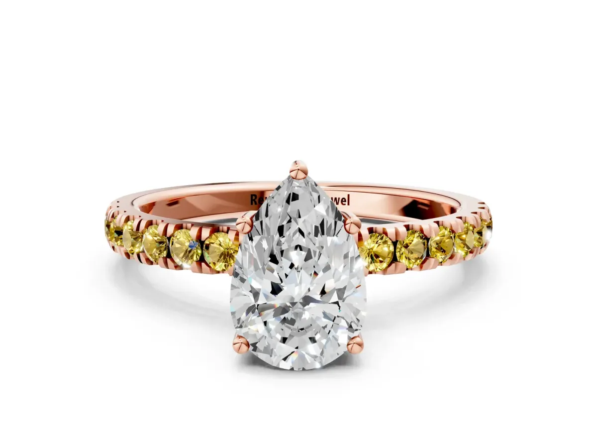 Pear Cut Diamond Pave Band Solitaire Ring with Round Yellow Sapphire and Prong Setting Rose gold