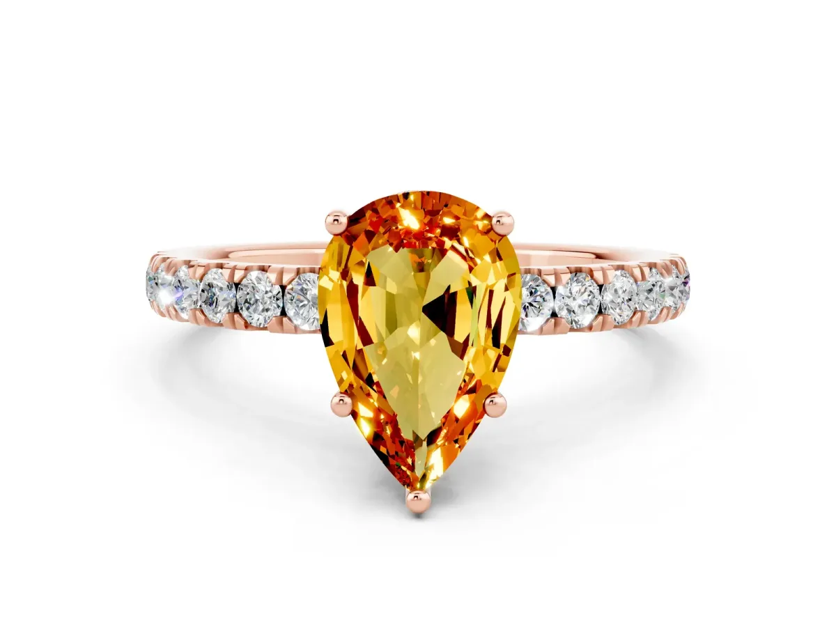 Pear Cut Citrine Pave Band Solitaire Ring with Round and Prong Setting Rose gold