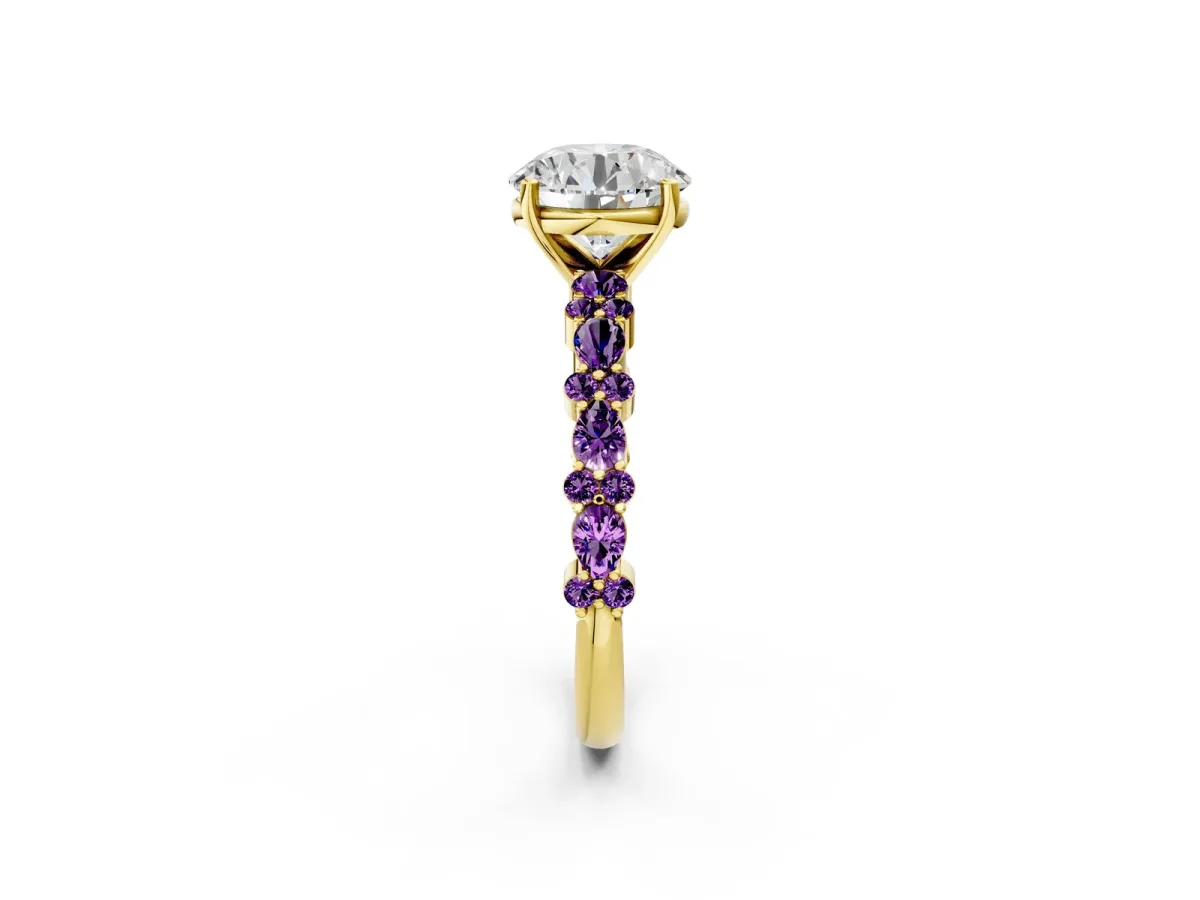 Round Cut Diamond Side Stone Solitaire Ring with Round Amethyst and Four-Prong Setting Yellow gold