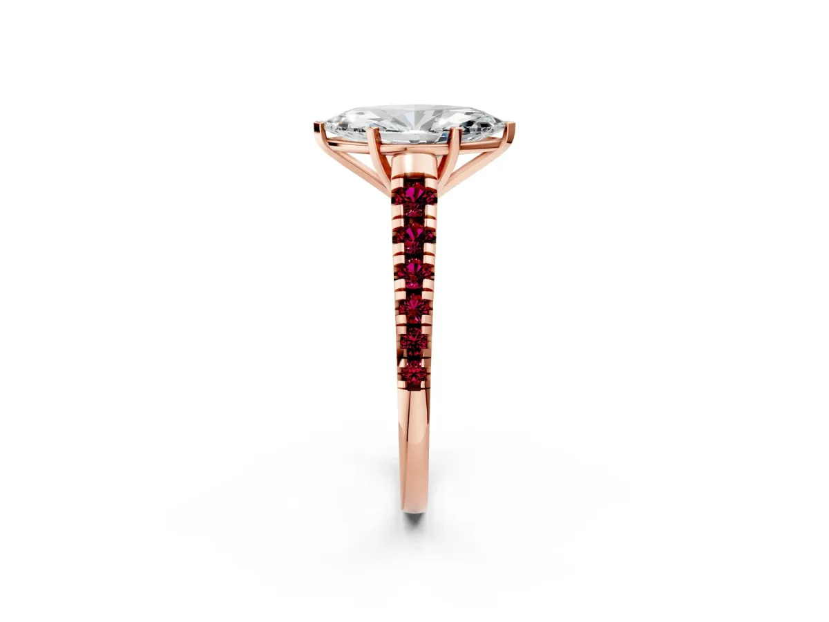 Marquise Cut Diamond Cathedral Solitaire Ring with Round Garnet Pavé Band Rose gold