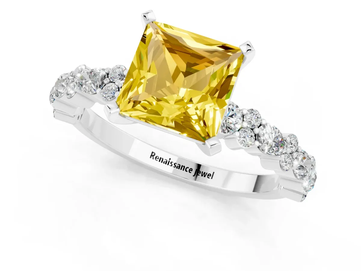 Princess Cut Yellow Sapphire Side Stone Solitaire Ring with Round and Four-Prong Setting Silver