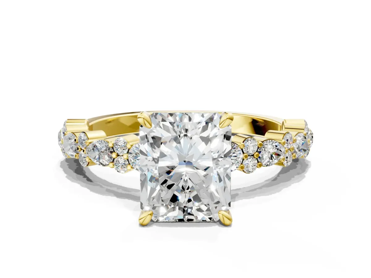Radiant Cut Diamond Side Stone Solitaire Ring with Round and Four-Prong Setting Yellow gold