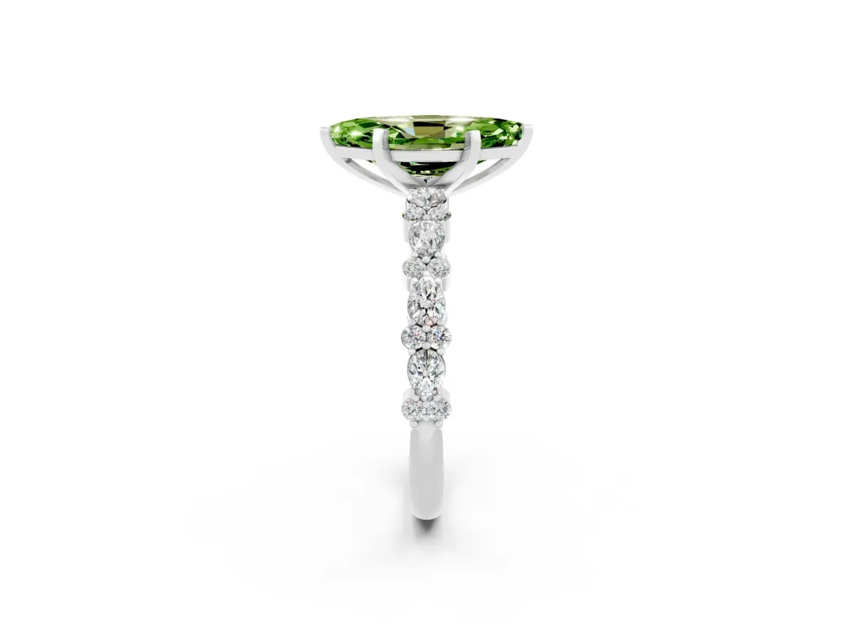Marquise Cut Peridot Side Stone Solitaire Ring with Round and Four-Prong Setting White gold