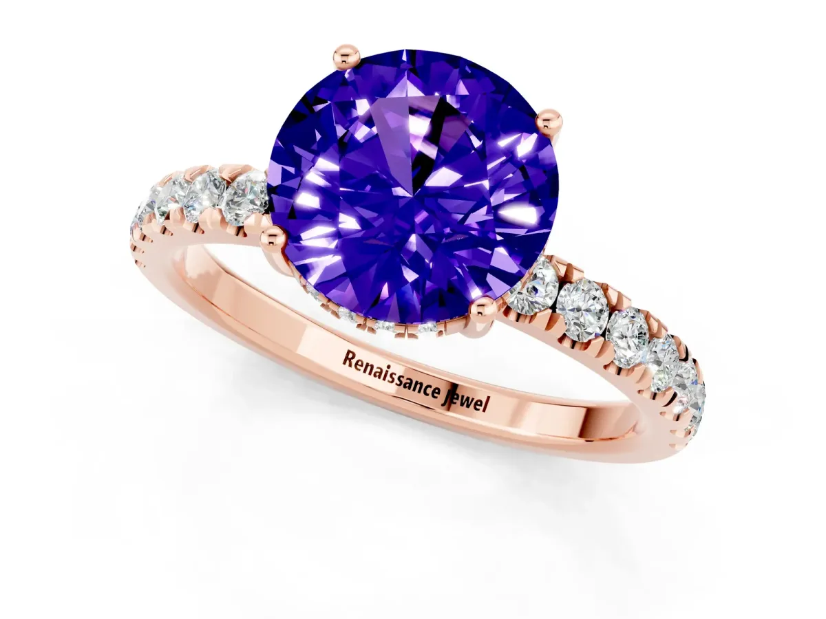 Round Cut Tanzanite Pave Band Solitaire Ring with Round and Prong Setting Rose gold