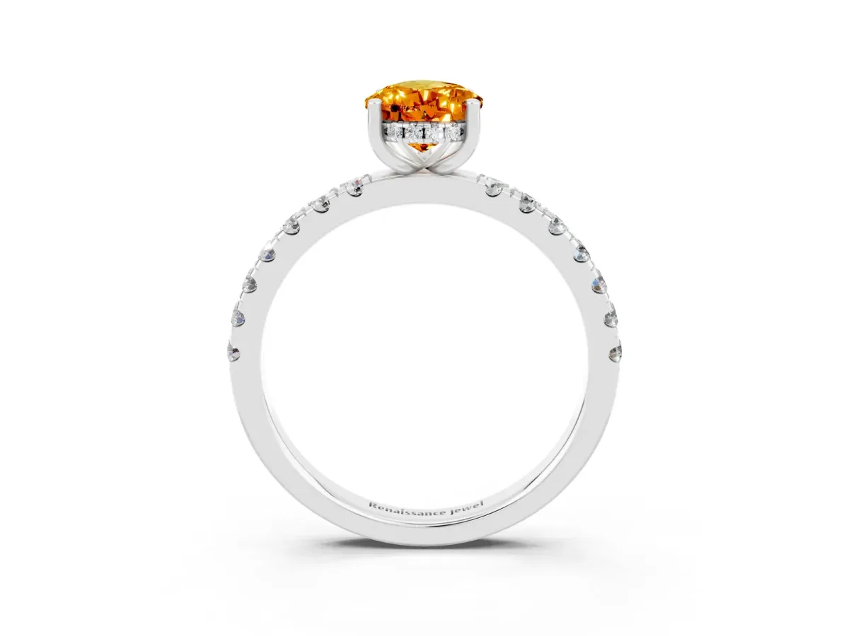 Pear Cut Citrine Pave Band Solitaire Ring with Round and Prong Setting White gold
