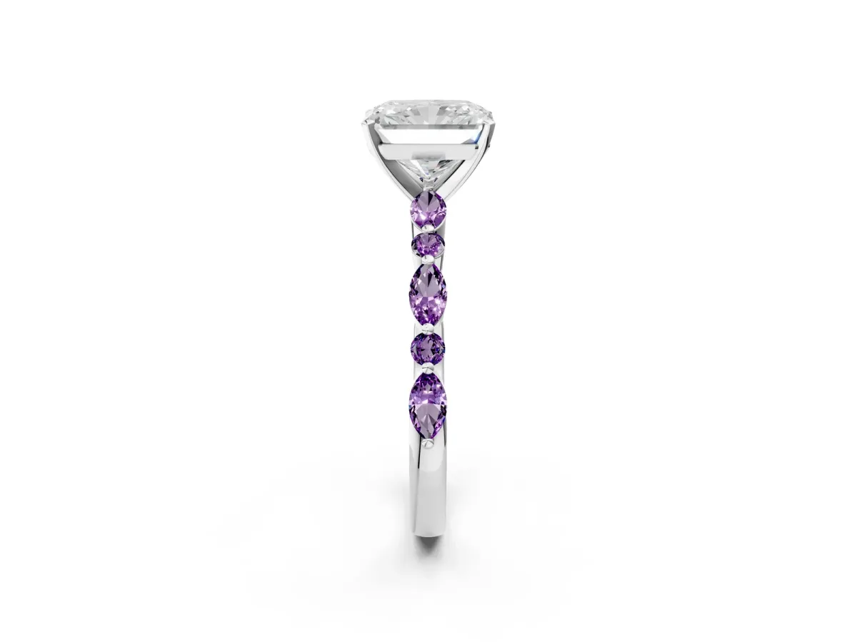Radiant Cut Diamond Ring with Marquise and Round Amethyst Side Stones and Four-Prong Setting Silver