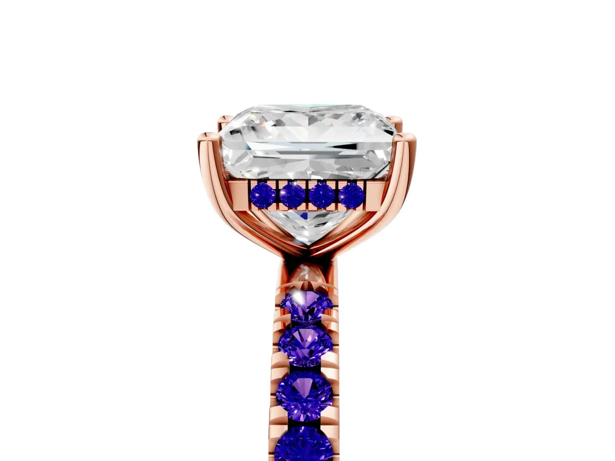 Princess Cut Diamond Pave Band Solitaire Ring with Round Tanzanite and Prong Setting Rose gold