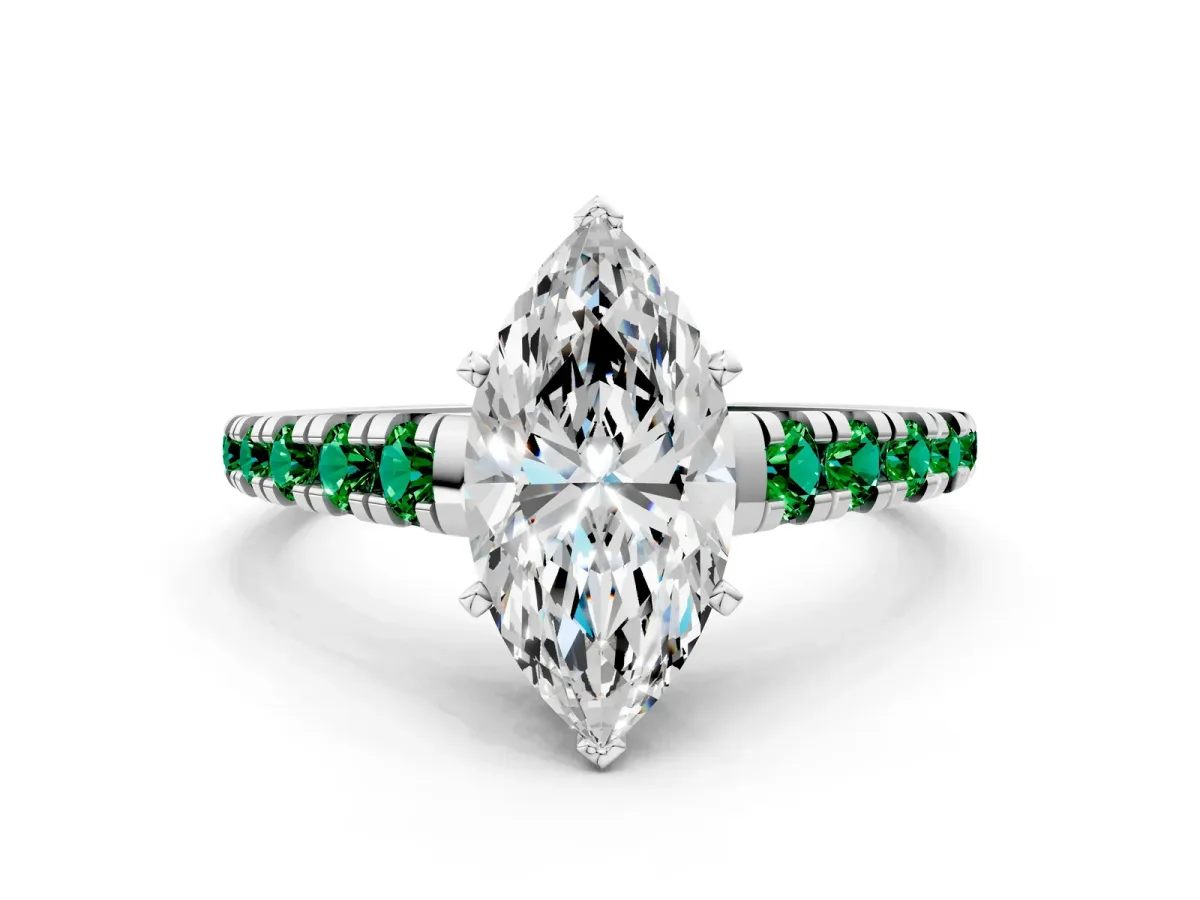 Marquise Cut Diamond Cathedral Solitaire Ring with Round Emerald Pavé Band Silver