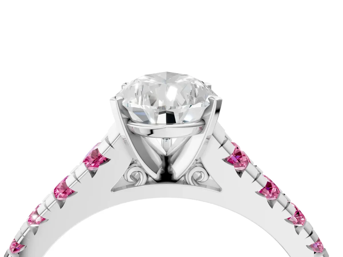 Pear Cut Diamond Cathedral Solitaire Ring with Round Pink Sapphire Pavé Band Platinum