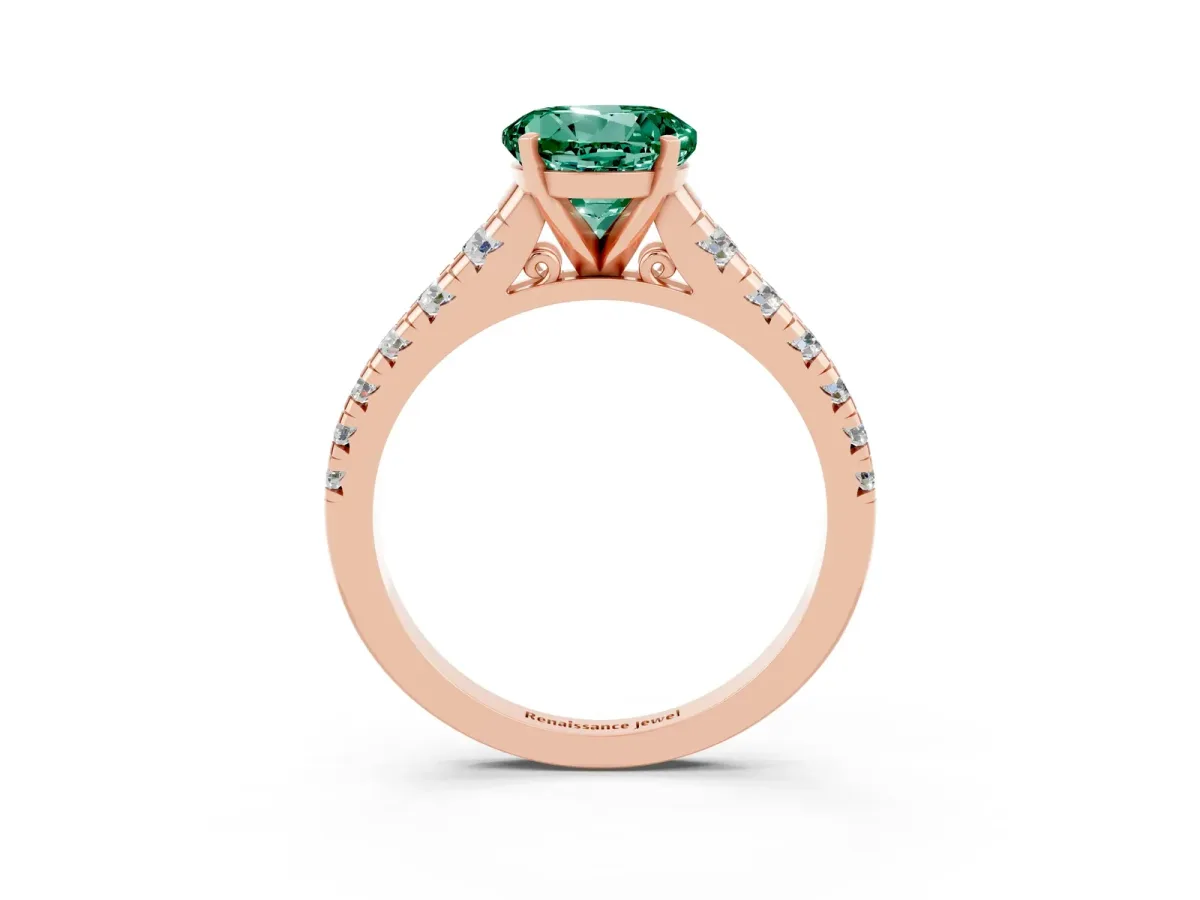 Round Cut Green Sapphire Cathedral Solitaire Ring with Round Pavé Band Rose gold