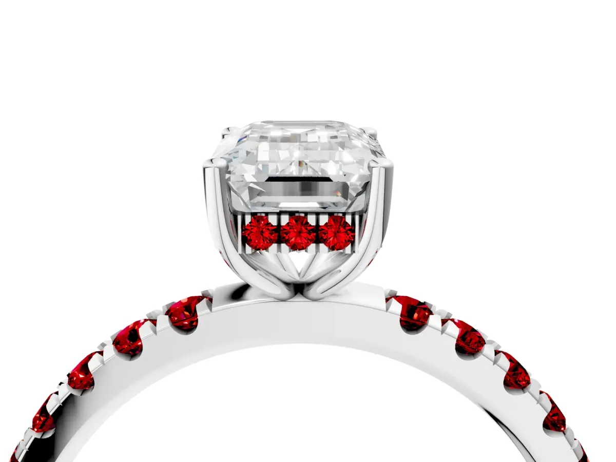 Emerald Cut Diamond Pave Band Solitaire Ring with Round Ruby and Prong Setting Platinum