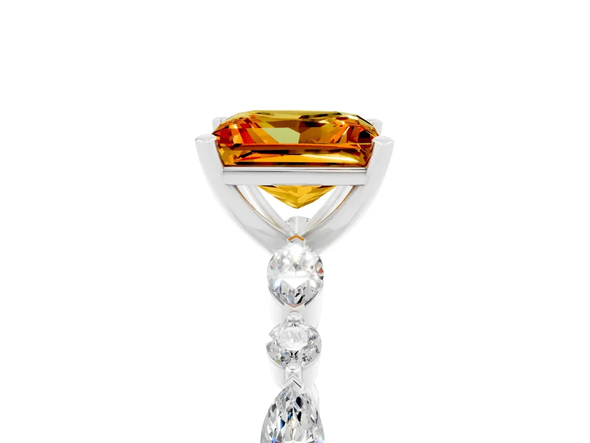 Princess Cut Citrine Ring with Marquise and Round Side Stones and Four-Prong Setting Platinum