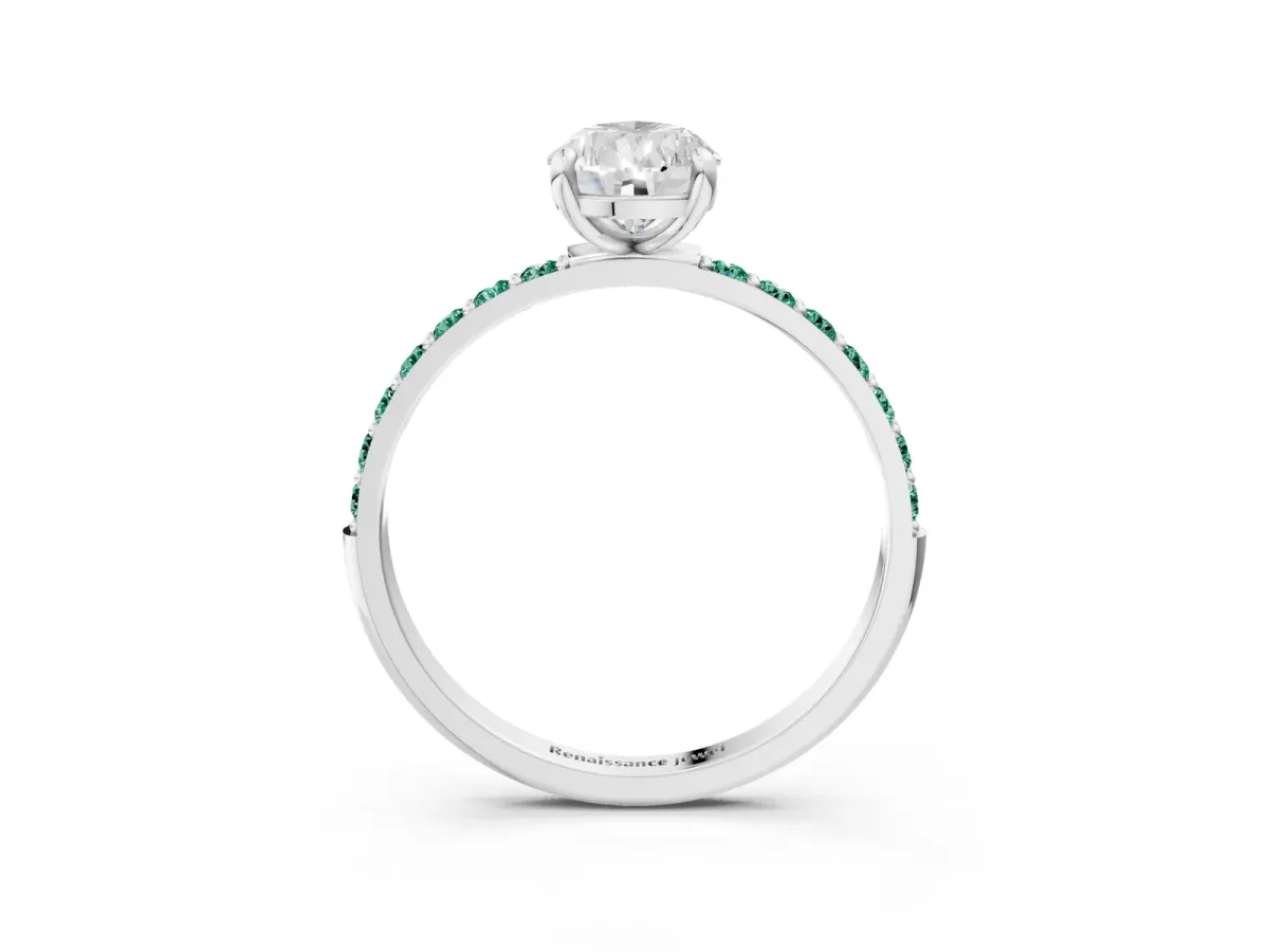 Pear Cut Diamond Solitaire Ring with Round Green Sapphire Pavé Band and Prong Setting Platinum