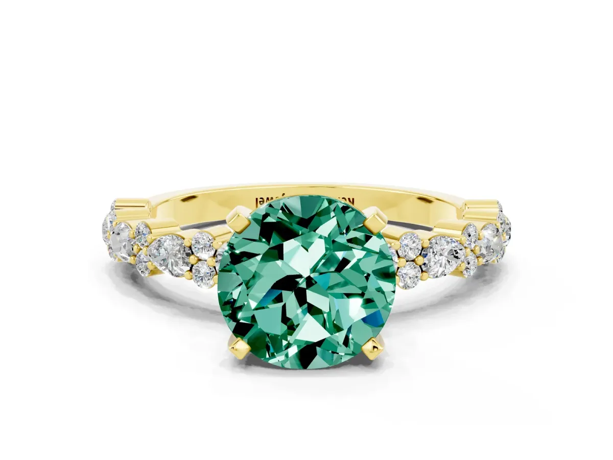 Round Cut Green Sapphire Side Stone Solitaire Ring with Round and Four-Prong Setting Yellow gold
