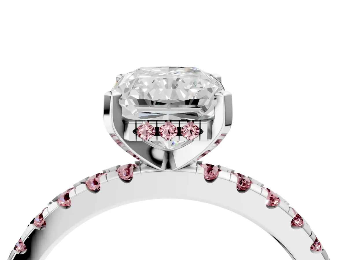 Radiant Cut Diamond Solitaire Ring with Round Morganite Pavé Band and Four-Prong Setting Silver