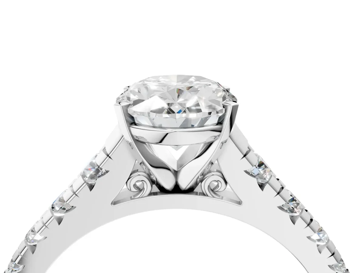 Oval Cut Diamond Cathedral Solitaire Ring with Round Moissanite Pavé Band White gold