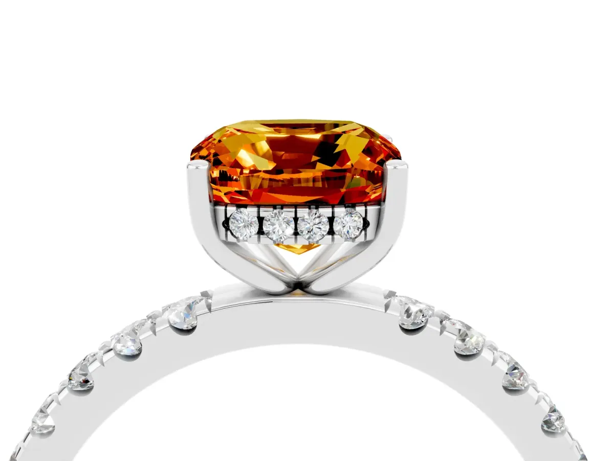 Cushion Cut Citrine Pave Band Solitaire Ring with Round and Prong Setting Silver