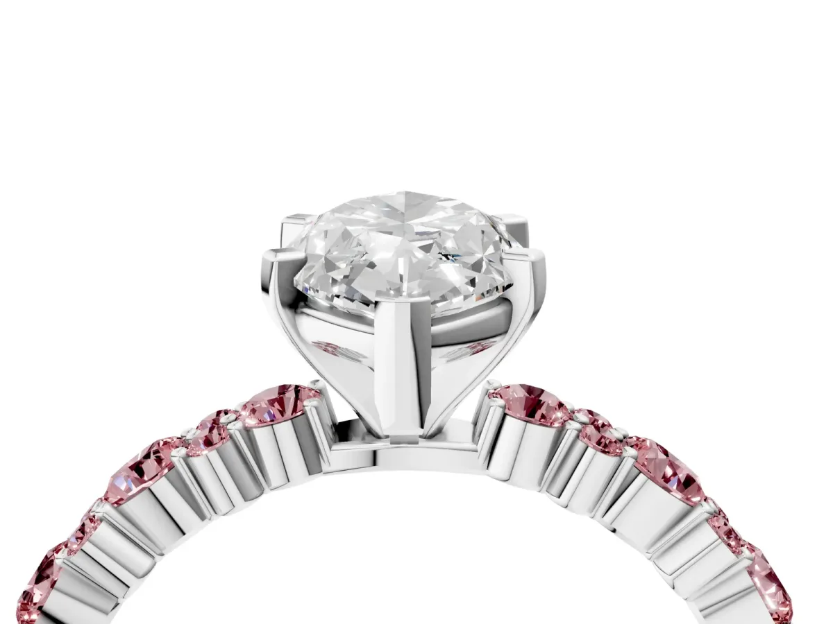 Marquise Cut Diamond Side Stone Solitaire Ring with Round Morganite and Four-Prong Setting Platinum