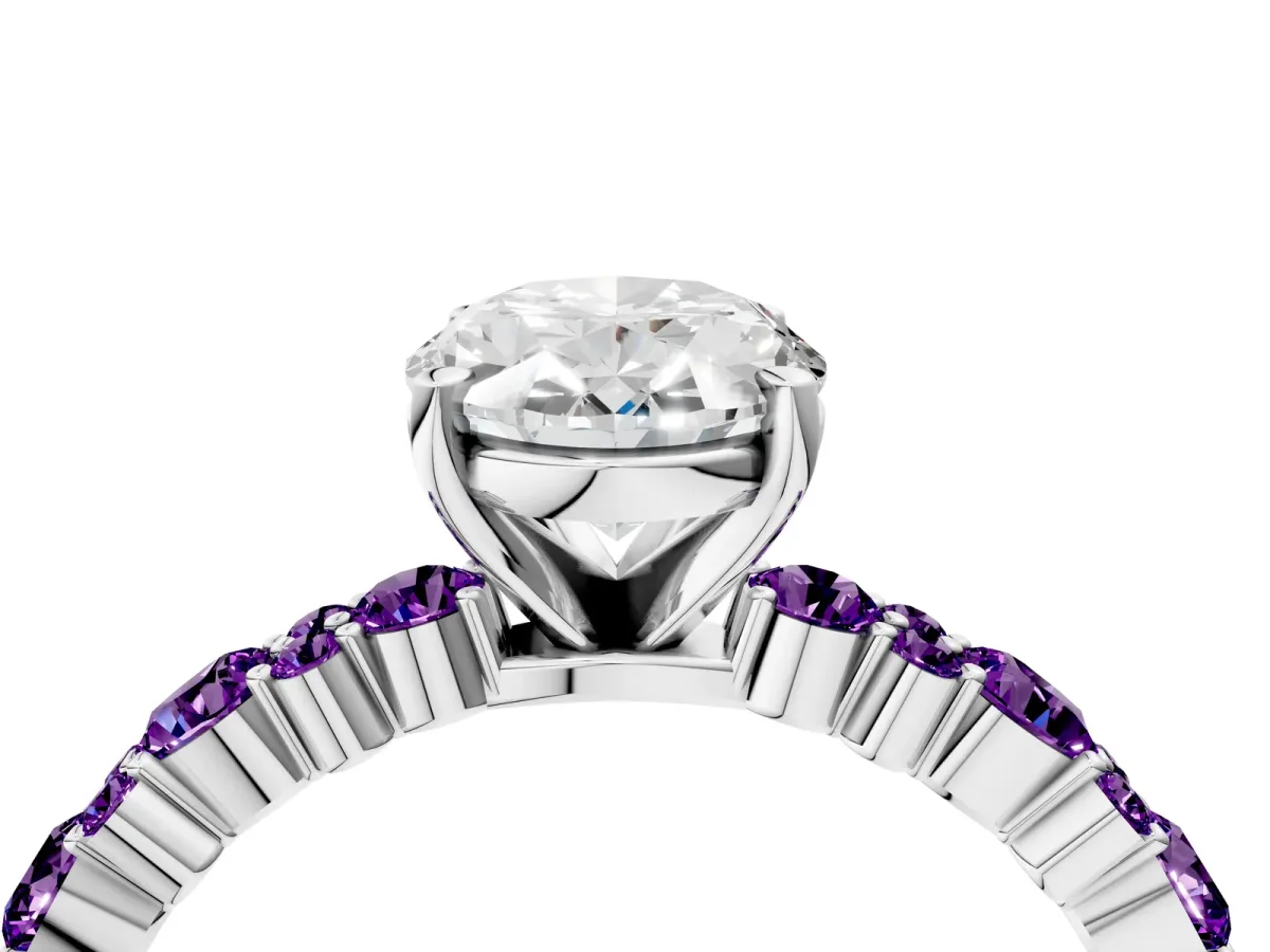Oval Cut Diamond Side Stone Solitaire Ring with Round Amethyst and Four-Prong Setting Silver