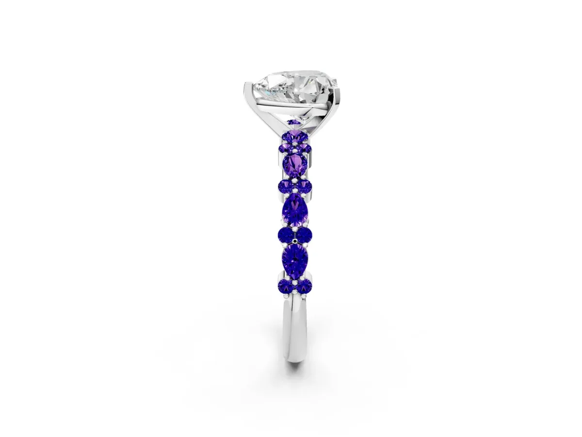 Heart Cut Diamond Side Stone Solitaire Ring with Round Tanzanite and Four-Prong Setting Platinum