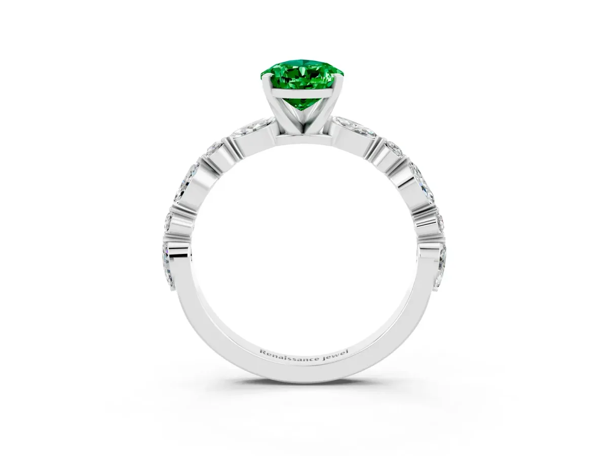 Pear Cut Emerald Ring with Marquise and Round Side Stones and Four-Prong Setting Platinum