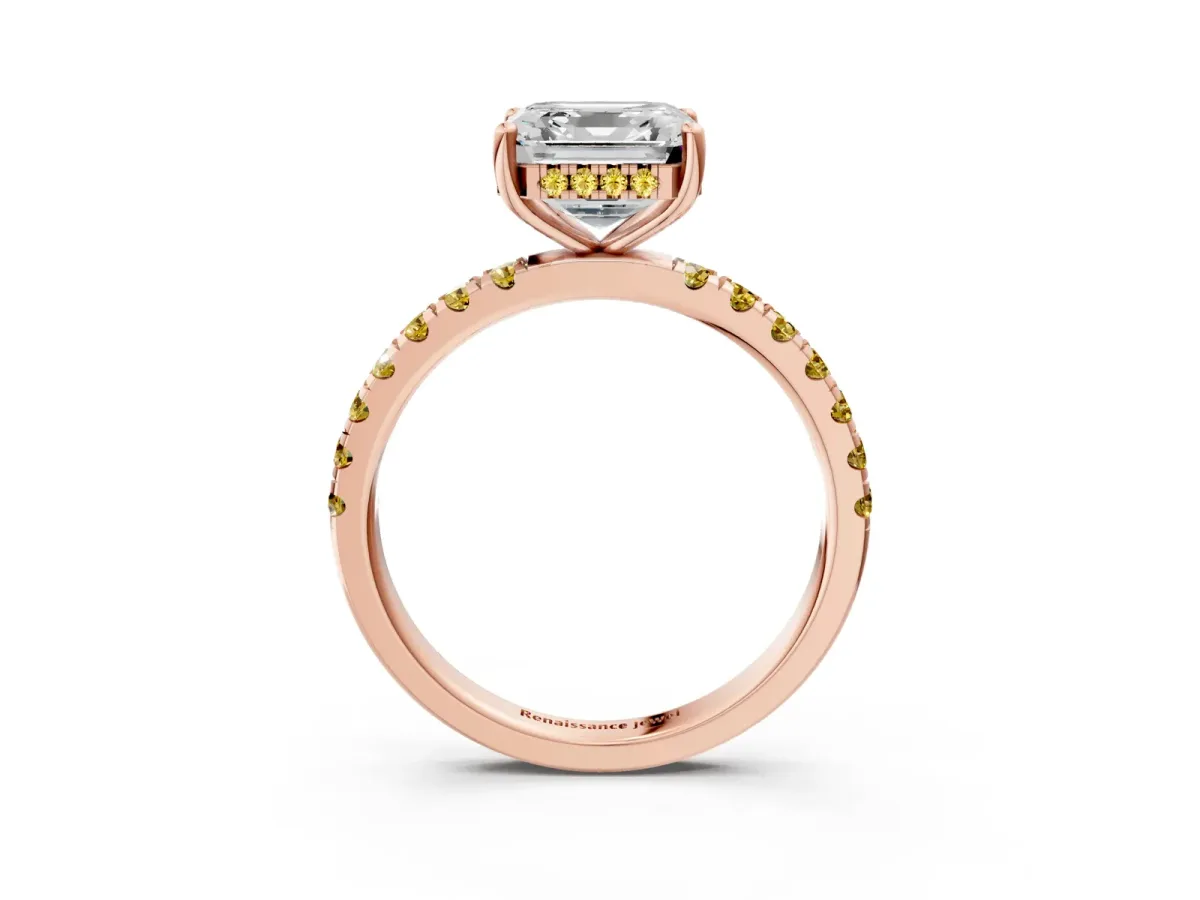 Asscher Cut Diamond Pave Band Solitaire Ring with Round Yellow Sapphire and Prong Setting Rose gold