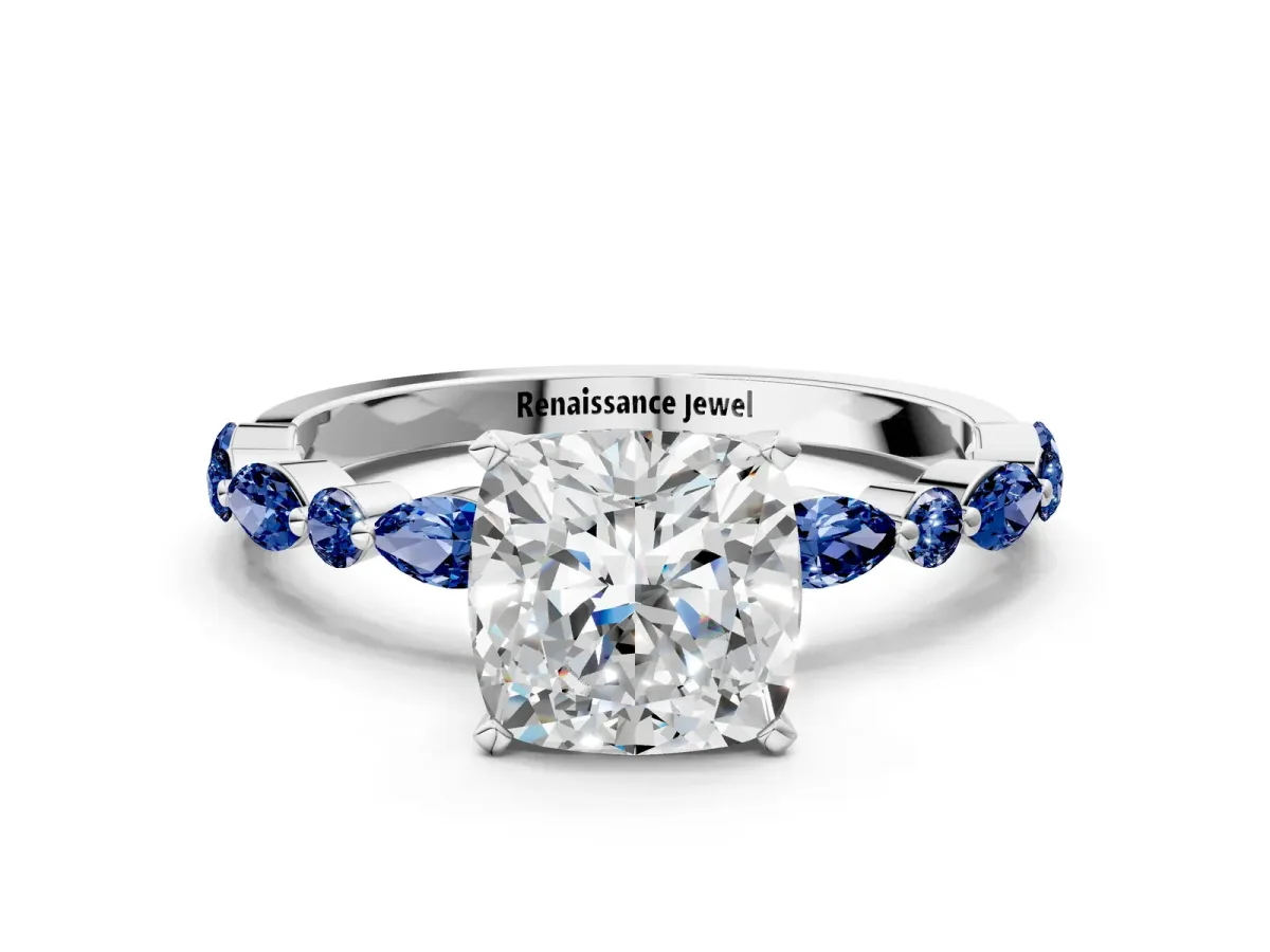 Cushion Cut Diamond Ring with Marquise and Round Blue Sapphire Side Stones and Four-Prong Setting Silver