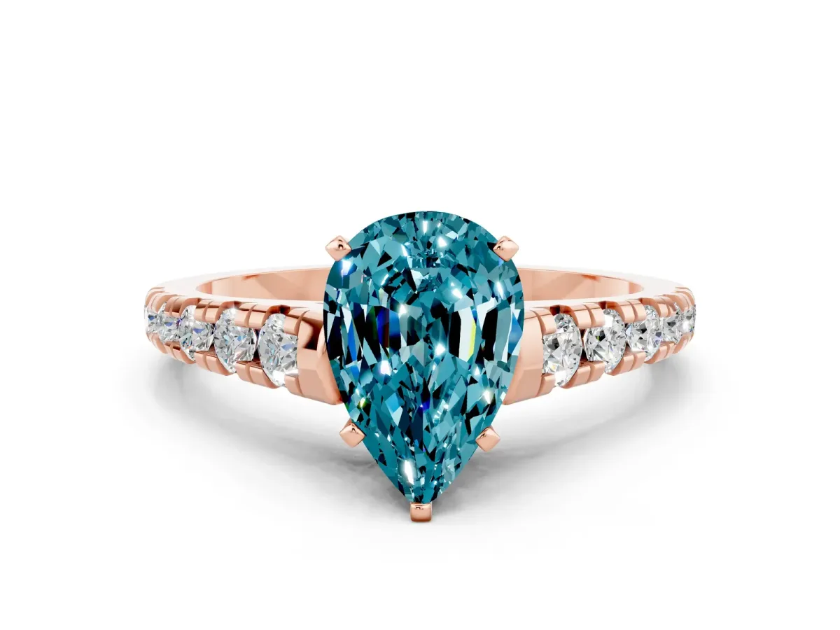 Pear Cut Blue Topaz Cathedral Solitaire Ring with Round Pavé Band Rose gold
