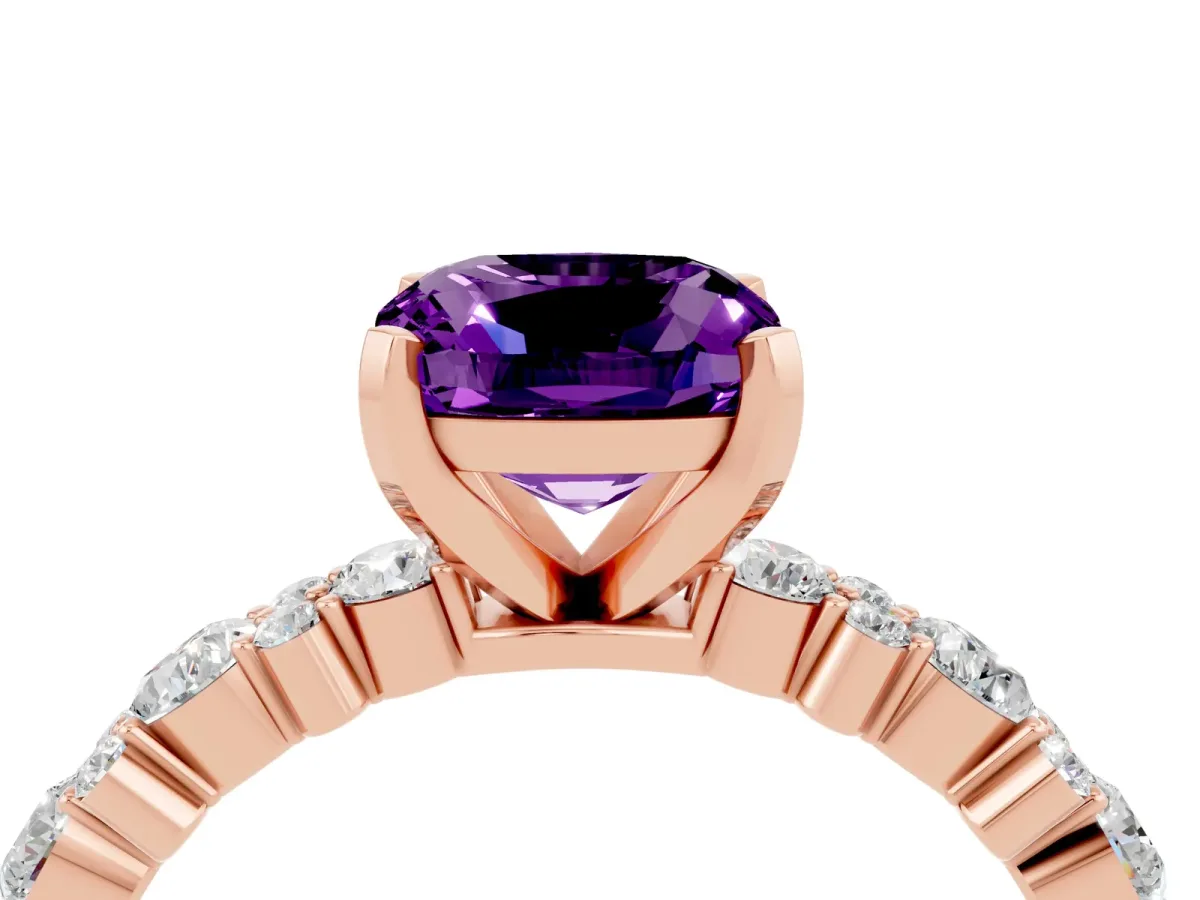 Cushion Cut Amethyst Side Stone Solitaire Ring with Round and Four-Prong Setting Rose gold