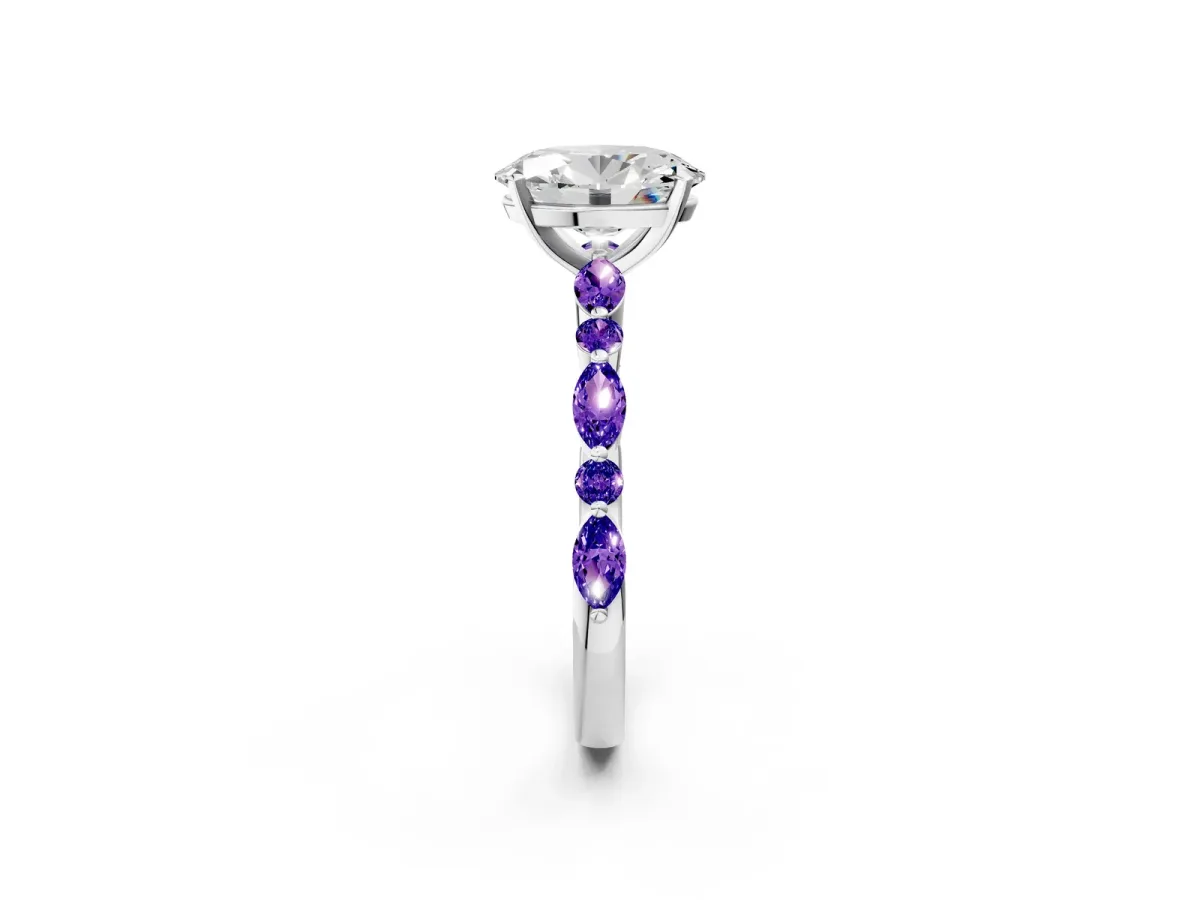 Oval Cut Diamond Ring with Marquise and Round Tanzanite Side Stones and Four-Prong Setting Silver