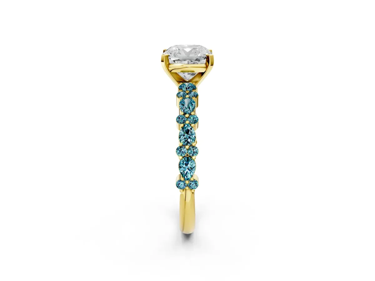 Cushion Cut Diamond Side Stone Solitaire Ring with Round Blue Topaz and Four-Prong Setting Yellow gold