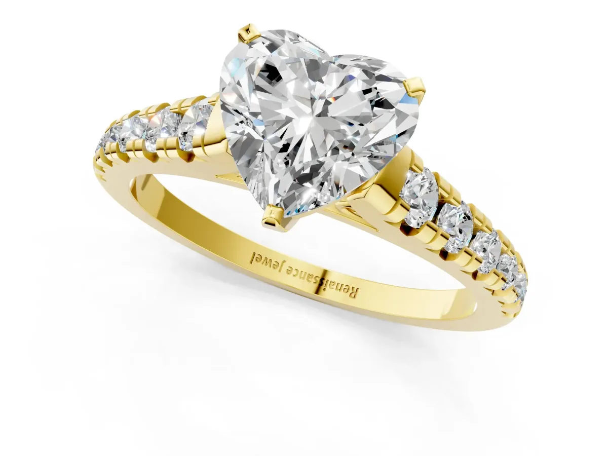 Heart Cut Diamond Cathedral Solitaire Ring with Round Pavé Band Yellow gold