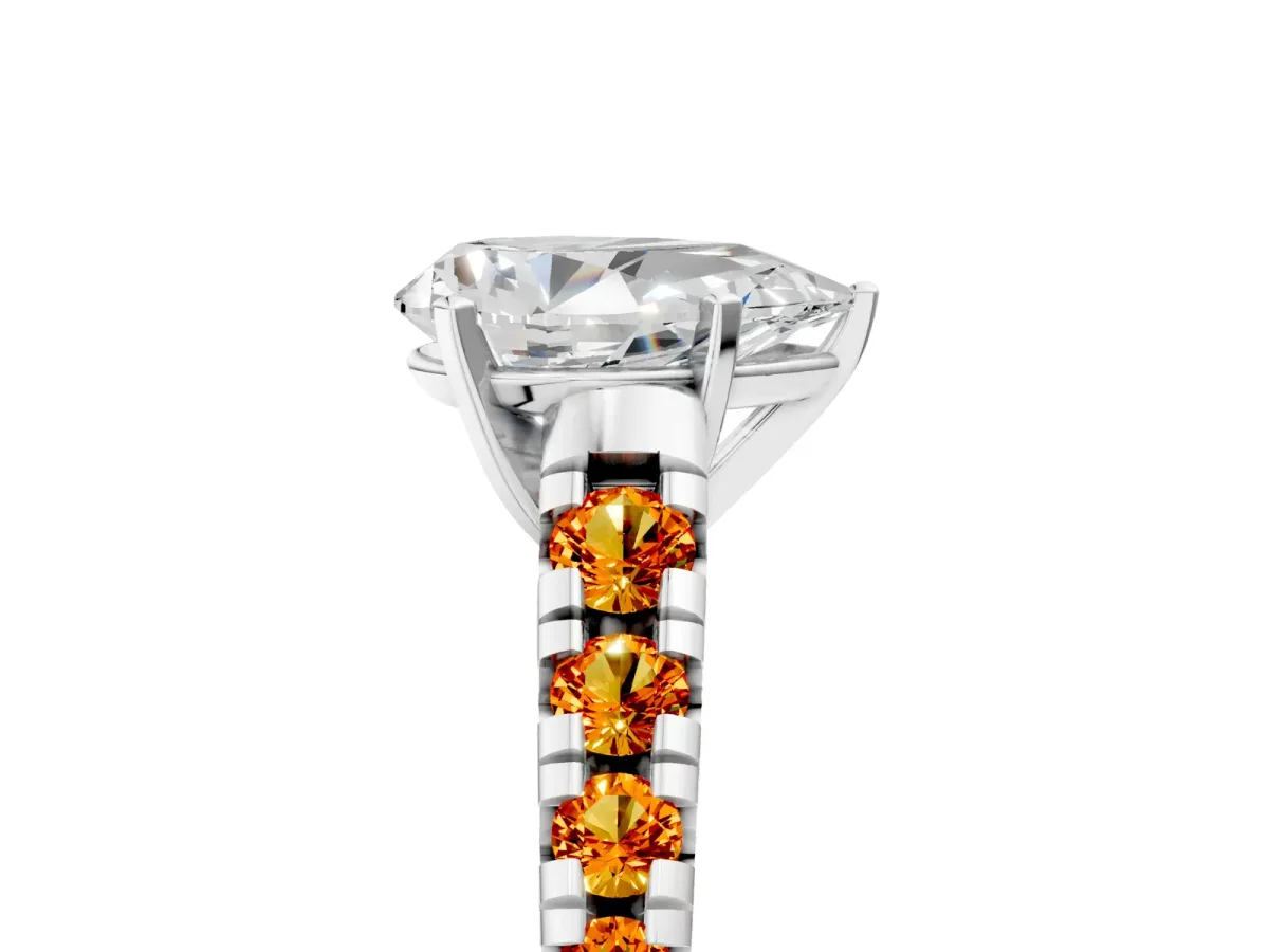 Pear Cut Diamond Cathedral Solitaire Ring with Round Citrine Pavé Band Silver
