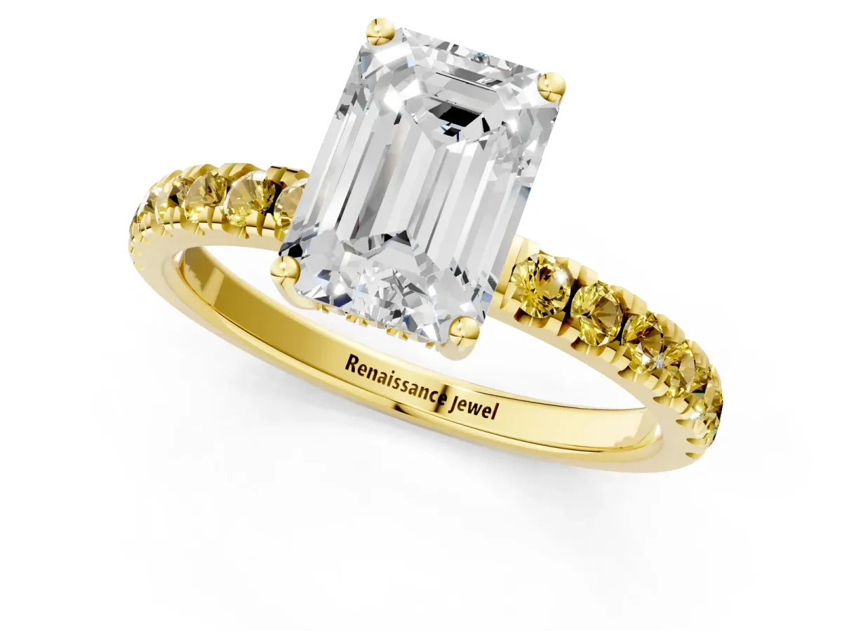 Emerald Cut Diamond Pave Band Solitaire Ring with Round Yellow Sapphire and Prong Setting Yellow gold