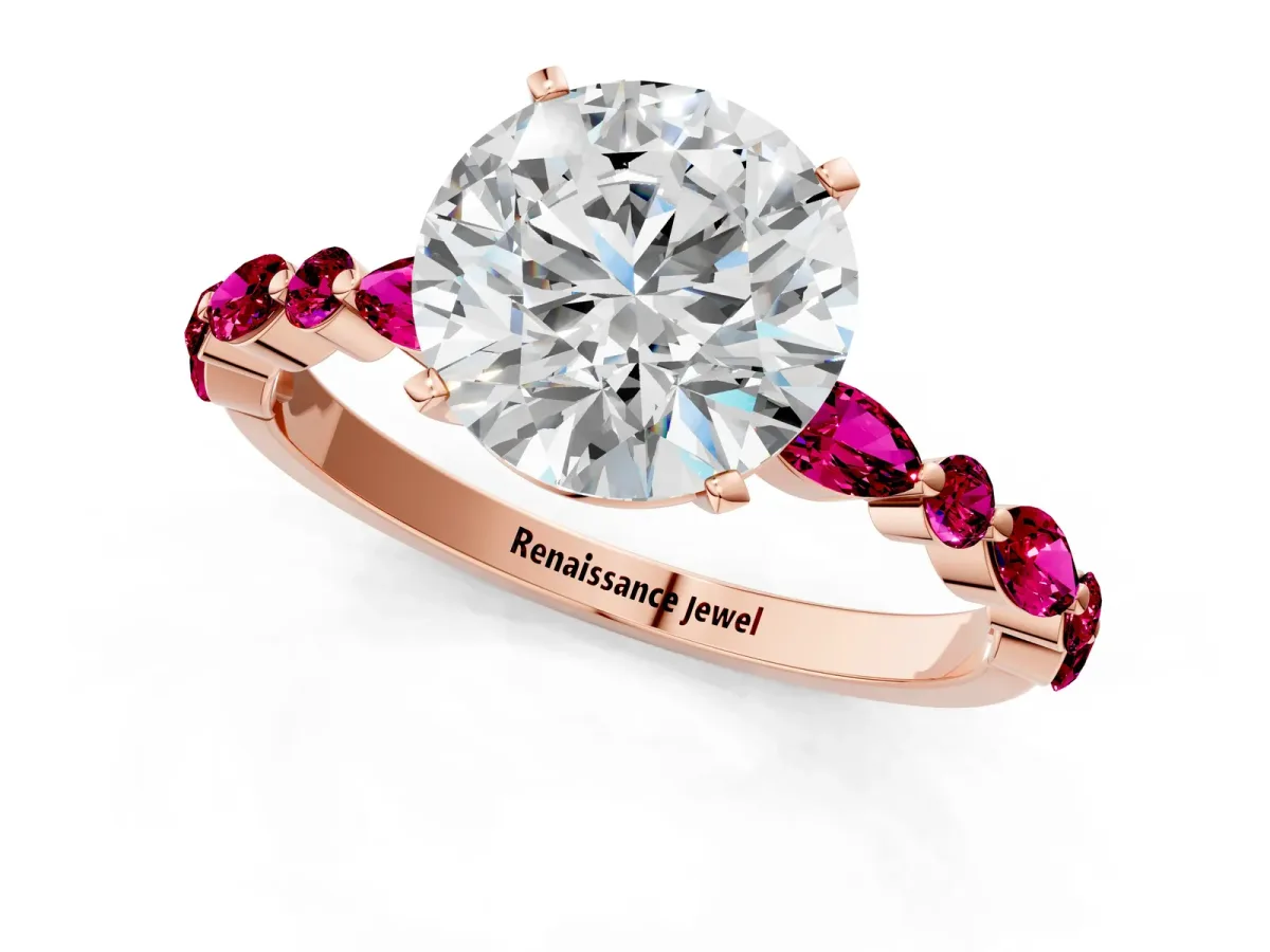 Round Cut Diamond Ring with Marquise and Round Garnet Side Stones and Four-Prong Setting Rose gold