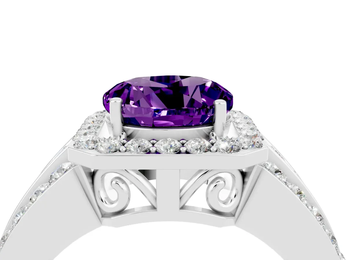 Round Cut Halo Amethyst Ring with Round Split Shank and Prong Setting White gold